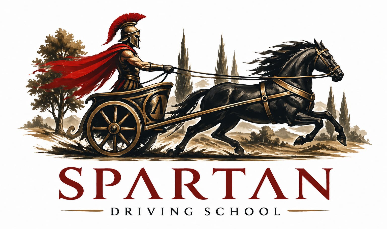Spartan Driving School logo — charioteer and horse
